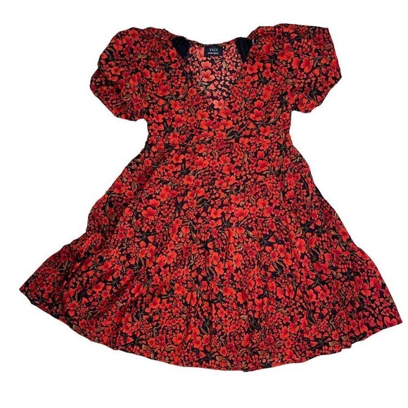 VICI Size XS Tiered Garden Party Dress w Allover Poppy Pattern & Balloon Sleeve - Picture 1 of 6